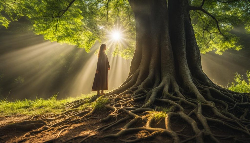 A person standing by a large tree with long, sprawling roots, with the sun glowing in the background, symbolizing grounding and connection to nature. The image has a hand-drawn, serene feel.