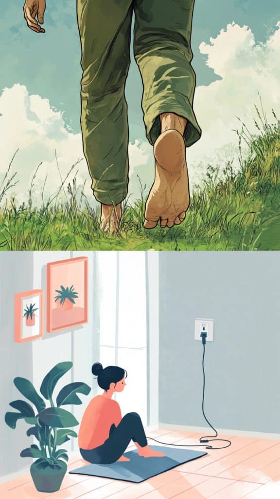 Illustration showing a person walking barefoot on grass with trousers rolled up above the ankles, alongside another person indoors using a grounding mat connected to an electrical outlet, highlighting the differences between earthing and grounding.